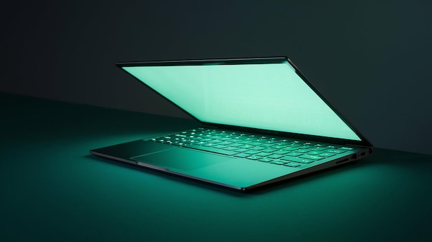 un ordinateur portable avec une lumière verte sur l'écran est allumé