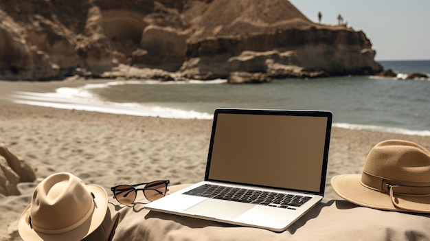 Un ordinateur portable et des lunettes de soleil sur une plage