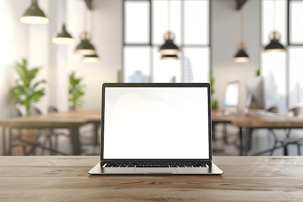 Un ordinateur portable minimaliste moderne sur une table en bois dans un bureau