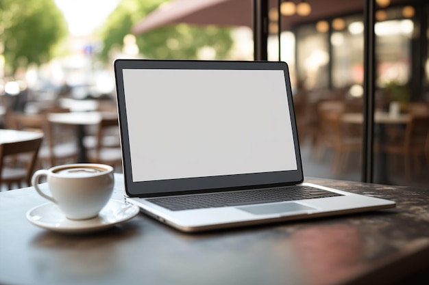 Ordinateur portable montrant un écran de maquette blanc vide vide dans un café-restaurant AI générative