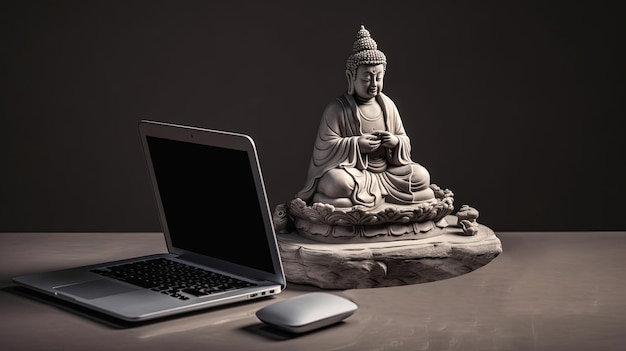 Ordinateur portable numérique avec souris magique et statue du Seigneur Bouddha sur fond sombre Technologie IA générative
