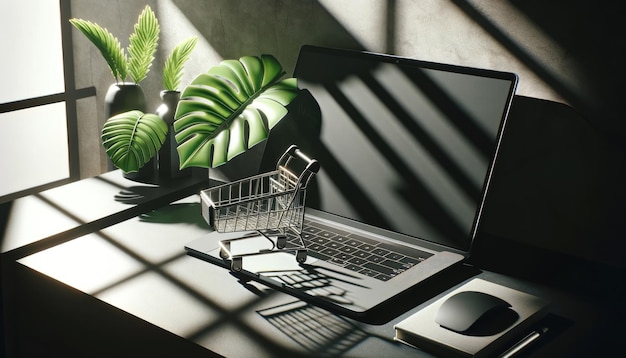 un ordinateur portable avec un panier sur la table et une plante dans le coin