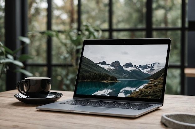 un ordinateur portable avec un paysage de montagne sur l'écran