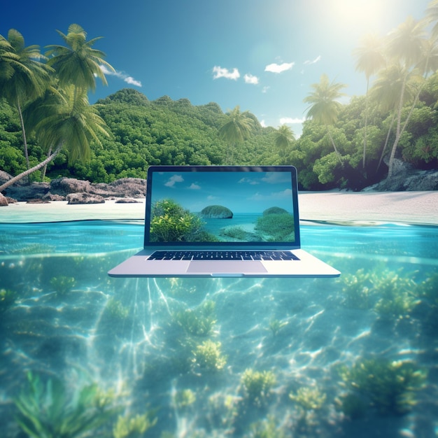 Ordinateur portable avec photo de naufrage d'eau de plage de mer ensoleillée devant art généré par Ai