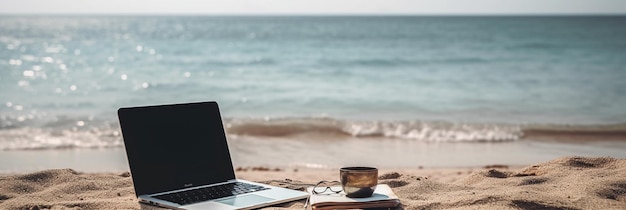 Un ordinateur portable sur la plage avec une tasse de café sur la table