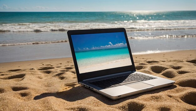 Photo ordinateur portable avec plage tropicale avec palmiers papier peint sur une plage de sable en chaleur en voyage travail à distance en vacances et en voyage bureau à domicile visites internet hôtel de villégiature généré par l'ia