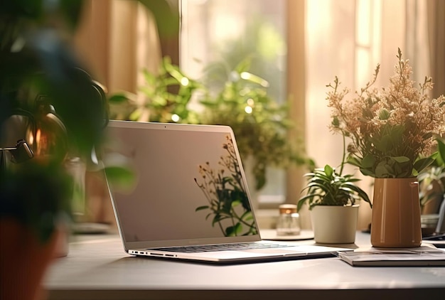un ordinateur portable et une plante sur un bureau dans le style de capture l'essence de la nature