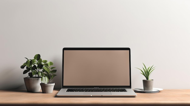 un ordinateur portable avec une plante sur la table