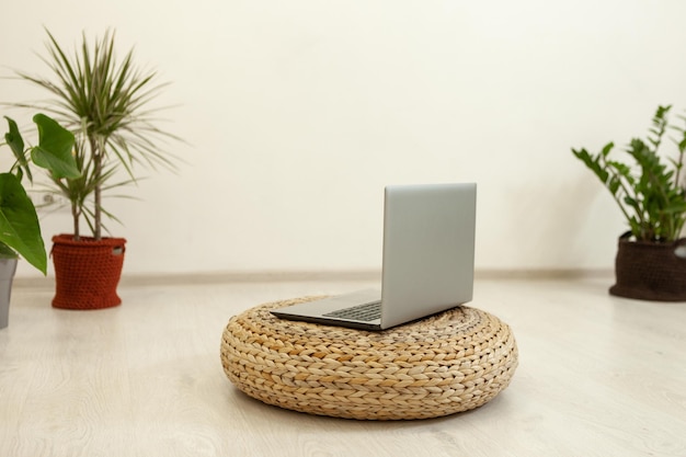 Ordinateur portable sur un pouf dans un salon avec des plantes d'intérieur