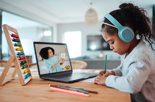 Ordinateur portable pour fille et apprentissage en ligne pour écrire avec un casque à crayon ou un enseignant dans une salle de classe virtuelle pour évaluation Enfant femme et appel vidéo pour l'enseignement de cours en ligne ou pour aider dans la maison familiale