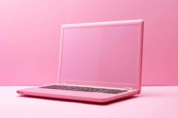 Un ordinateur portable rose sur un fond rose