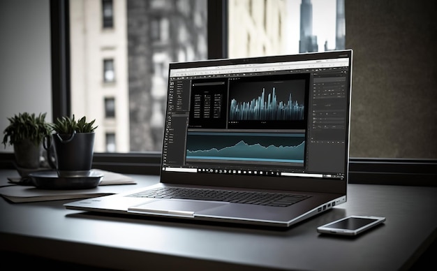 un ordinateur portable sur une salle de bureau professionnelle avec écran montrant le graphique