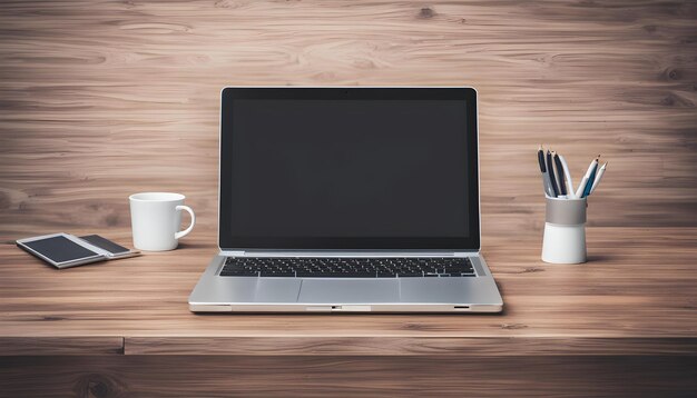 un ordinateur portable avec un stylo et une tasse de café sur une table en bois
