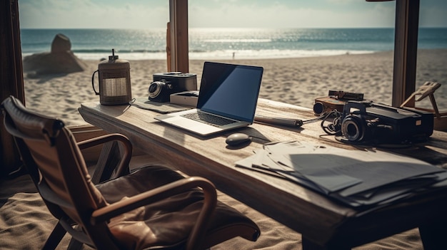 Ordinateur portable sur la table avec ai générative de plage tropicale