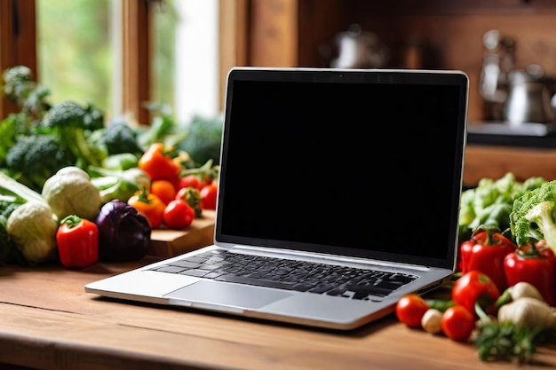 ordinateur portable sur table en bois légumes biologiques frais concept de cuisine à domicile et d'alimentation saine