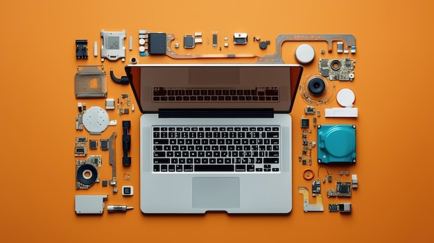 Un ordinateur portable sur une table avec un tas de composants dessus