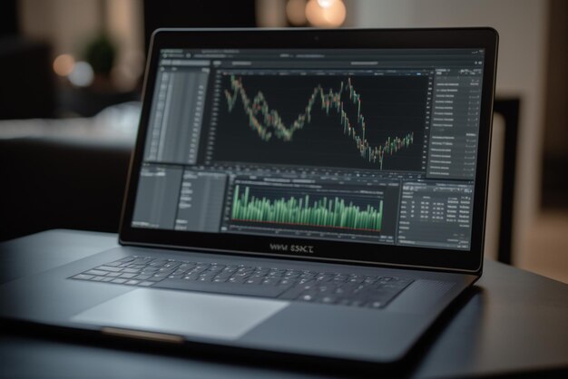 un ordinateur portable avec des tableaux financiers à l'écran représentant l'analyse et la planification financières