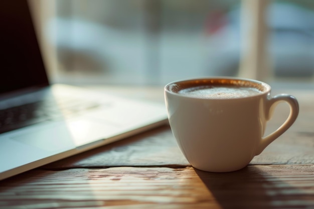 Un ordinateur portable et une tasse de café au lait chaud IA générative