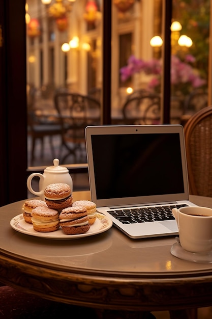 Photo un ordinateur portable et une tasse de café et des macaroons sur la table