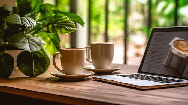 Un ordinateur portable et une tasse à café sont posés sur un bureau avec une plante en arrière-plan.