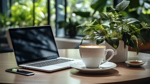 un ordinateur portable et une tasse de café sur une table