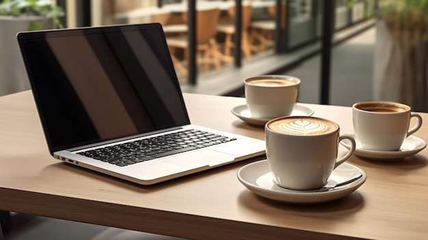 un ordinateur portable et une tasse de café sur une table