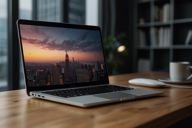 Un ordinateur portable technologique chic sur une table de bureau moderne