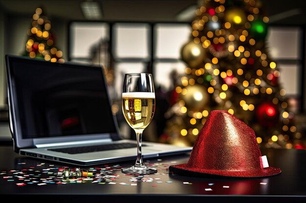un ordinateur portable et un verre de vin sur une table avec un arbre de Noël en arrière-plan