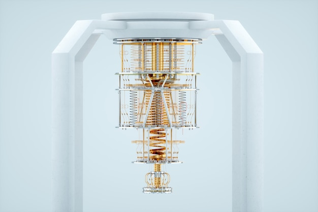 Ordinateur quantique or argent mécanisme isolé sur fond blanc Mécanisme informatique quantique cryptographie quantique steampunk Q bits calcul parallèle illustration 3D rendu 3D