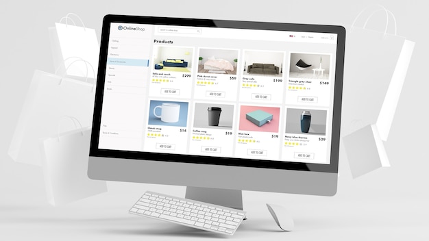 L'ordinateur avec des sacs d'achat entourant le rendu 3D