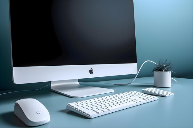 Photo ordinateur avec souris de clavier et vase sur table rendu 3d