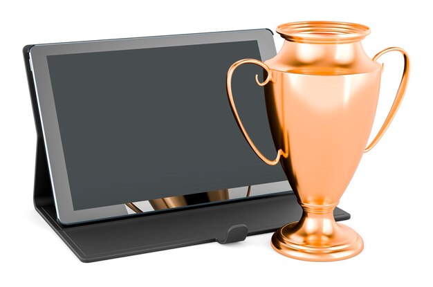 Ordinateur tablette avec rendu 3D du prix de la coupe du trophée d'or