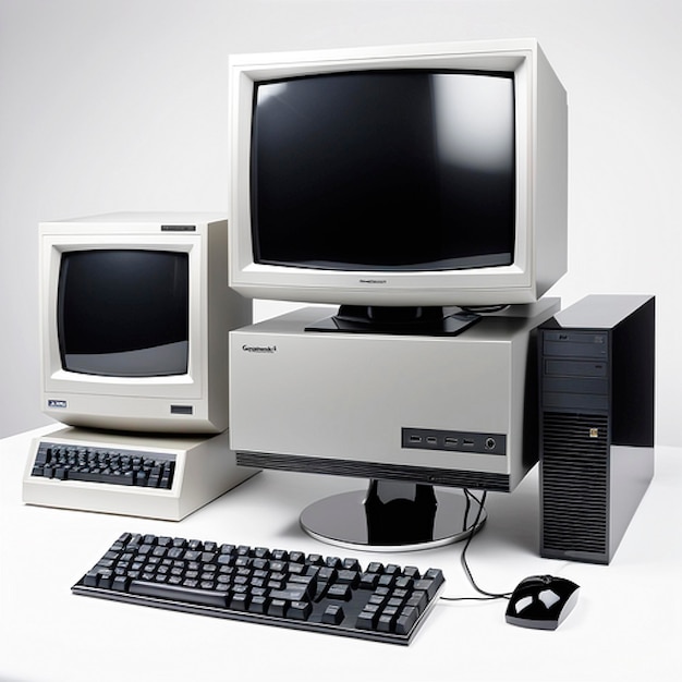 ordinateurs vintage des années 70 et 80 sur un fond blanc