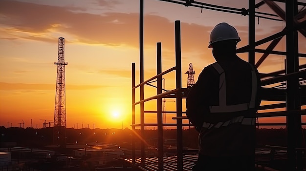 Ordres permanents d'ingénieur silhouette pour que les équipes de construction travaillent sur l'industrie lourde en hauteur et le concept de sécurité sur fond naturel flou coucher de soleil