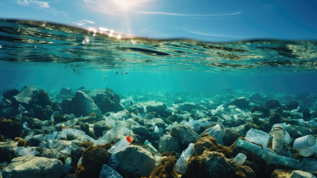 Photo des ordures dans la belle mer turquoise