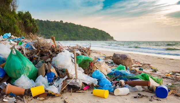 Photo des ordures s'empilent sur la plage avec un paysage de ciel bleu