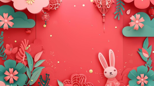 Avec une oreille de lapin en forme de poème de fortune papier avec des décorations du Nouvel An chinois et des plantes sur un fond rouge avec des nuages et des feux d'artifice Texte Bonne fortune pour la nouvelle année Dessinez-le