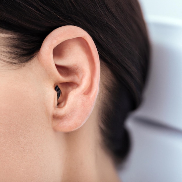 Oreille et partie de la joue sur la tête d'une femme brune en gros plan Les cheveux noirs sont lissés en arrière et épinglés avec une barrette Oreille sans boucles d'oreilles Surdologie ORL Tourner la tête sur le côté