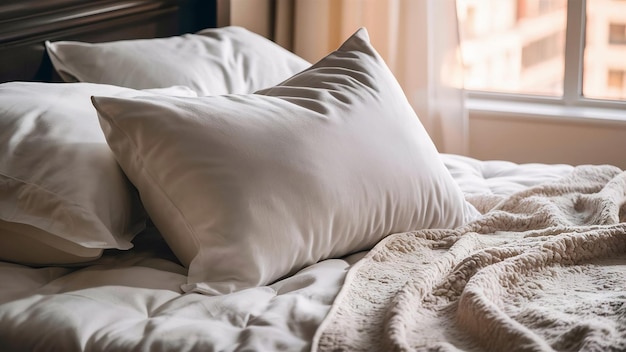 Un oreiller blanc et une couverture sur le lit.