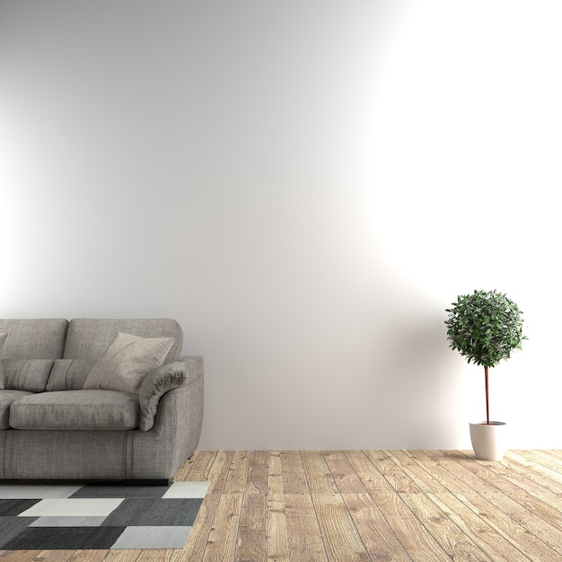 Oreiller de chaise et plantes avec mur en bois blanc, rendu 3d