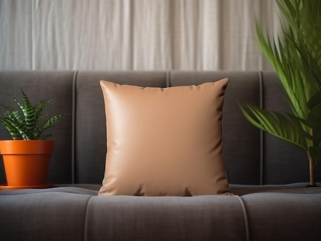 Un oreiller marron assis sur un canapé à côté d'une plante en pot Image AI générative Maquette d'oreiller vierge