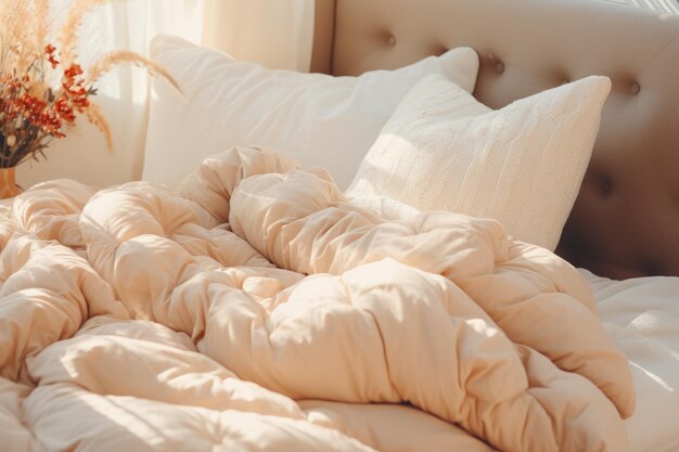 Photo des oreillers blancs bronzés et beige sur un lit