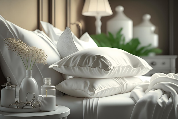 Oreillers blancs sur le lit dans un réseau neuronal d'hôtel luxueux généré par l'IA