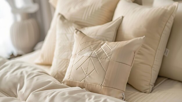 Les oreillers doux beige blanc sur le lit et la couverture concept de design d'intérieur de la chambre à coucher IA générative