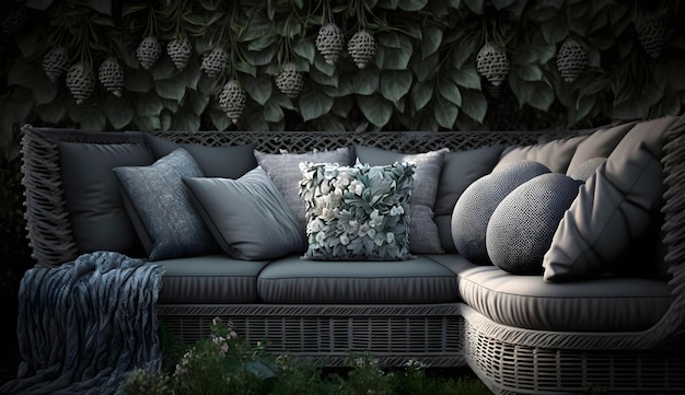 Oreillers gris sur un canapé en forme de L en osier à la mode dans le jardin vert générative ai