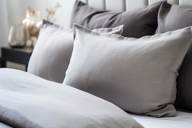 Des oreillers gris avec couverture de couverture et de couette sur le lit