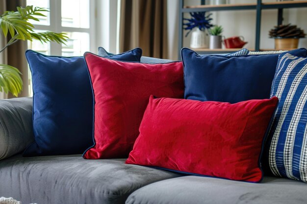 Des oreillers rouges et bleus jettent sur un canapé