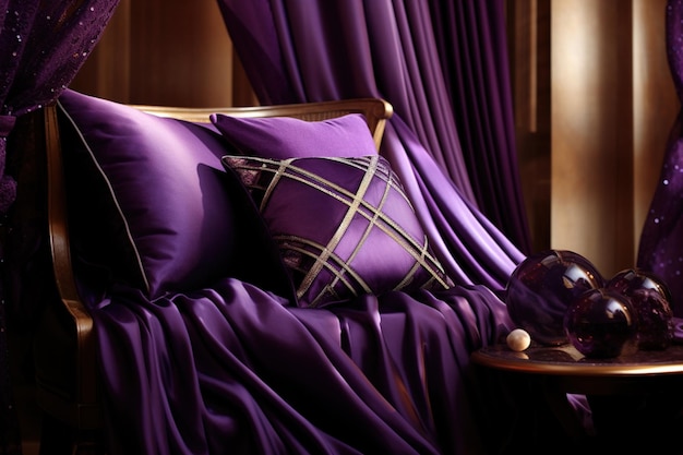 oreillers en soie et rideaux violets