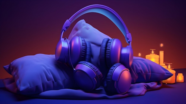 Des oreillers de voyage colorés et des écouteurs sur un confortable