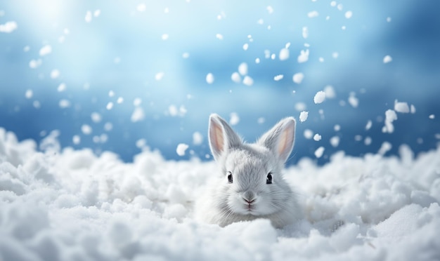 Oreilles de lapin mignonnes dans la neige blanche fraîche avec ciel bleu Lapin à thème d'hiver Pâques ou Noël